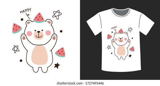 Diseño de la impresión de camisetas.Oso lindo con sandía sobre fondo blanco al estilo de las caricaturas.Doodle de peluche.Animales Kawaii.Imagen para tarjeta, afiche, pegatina, producto infantil, logotipo.Vector.Ilustración.
