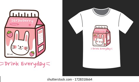 T-shirt print design.Cute rabbit milk box in cartoon style.Strawberry milk.Bunny doodle.Kawaii animal.Hand drawn.Vector.Illustration.