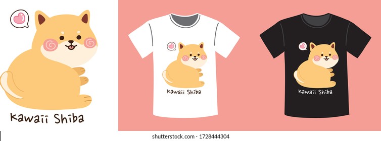 T-Shirt print design.Weiß und schwarz Shirt screen.Cute shiba inu Hund mit Herz in cartoon-Stil.Animal doodle.Kawaii.Japanischer Hund.Hand gezeichnet.KId Grafik.Vector.Illustration.