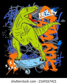 T-shirt print with dinosaur and graffiti. Vector illustration on black background.