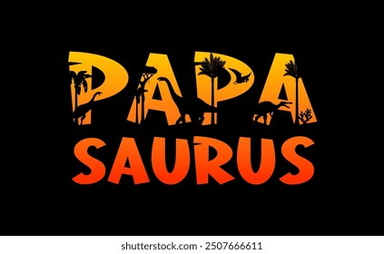 T-shirt print dinosaur papa, papasaurus word double exposure with vector silhouettes of jurassic dino and prehistoric trees. Daddy saurus, papa saur, papasaurus print template of fathers day gift