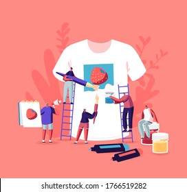 Tshirt Print, Diy Hobby Workshop Concept. Tiny Male and Female Characters Stand on Ladders Painting Strawberry on Huge White T-shirt. People Create Handmade Apparel Design. Cartoon Vector Illustration