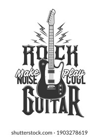 Tshirt print with electric guitar and flashes, vector emblem for music band apparel design. T shirt print with typography make noise play cool. Isolated monochrome label with amp, electrical discharge