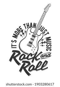 Tshirt print with electric guitar and flashes, vector emblem for music band apparel design. T shirt print with typography rock and roll. Isolated monochrome label with amp and electrical discharges