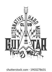 Tshirt print with electric guitar, vector emblem for heavy metal or rock music club or band apparel design. T shirt print with typography alternative hard music isolated label with amp and flashes