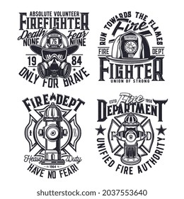 Tshirt print with firefighters equipment hydrant, gas mask, glasses and helmet vector emblems for apparel design. Fire department rescue team emergency service black and white t shirt print or labels