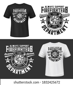 Tshirt print with firefighters helmet, ax, ladder and water tower, vector apparel mockup. Fire department rescue team, emergency service black and white t shirt print design isolated label or emblem