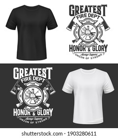 Tshirt print with firefighters helmet, ax, ladder and water tower, vector apparel mockup. Fire department rescue team, emergency service t shirt print black and white design isolated label or emblem