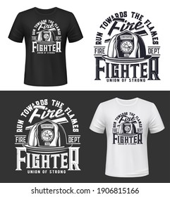 Tshirt print with firefighters helmet, ax, ladder and typography, vector apparel mockup. Fire department rescue team, emergency service black and white t shirt print design isolated label or emblem