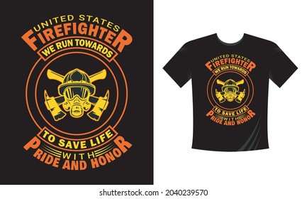 Tshirt print with firefighters helmet, ax, ladder and typography, vector apparel mockup. Fire department rescue team, emergency service black and white t shirt 