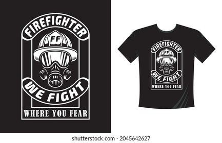 Tshirt print with firefighters helmet, ax, ladder and typography, vector apparel mockup. Fire department rescue team, emergency service black t shirt 
