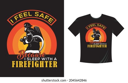 Tshirt print with firefighters helmet, ax, ladder and typography, vector apparel mockup. Fire department rescue team, emergency service black t shirt 
