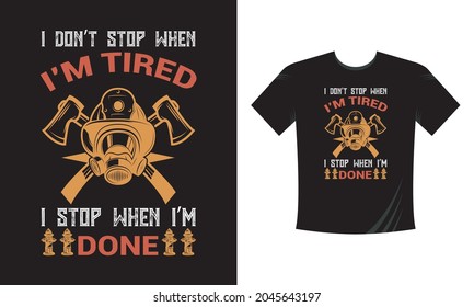 Tshirt print with firefighters helmet, ax, ladder and typography, vector apparel mockup. Fire department rescue team, emergency service black t shirt 