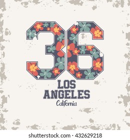 T-Shirt print with flowers. California, Los Angeles lettering . Print for sportswear apparel. Vector illustration