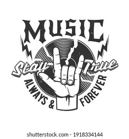 Tshirt Print With Gesturing Hand And Vinyl Disk For Rock And Roll Fan Or Band Apparel Design. Vector T Shirt Monochrome Print With Typography Stay True, Black Grunge Emblem Or Label With Palm, LP Disc