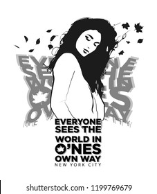 T-shirt print. Girl with black hair, brunette. With a motivating slogan and autumn leaves.