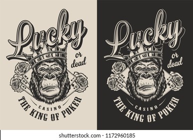 T-shirt print with gorilla in crown, casino concept. Vector illustration