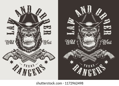 T-shirt print with gorilla sheriff concept. Vector illustration