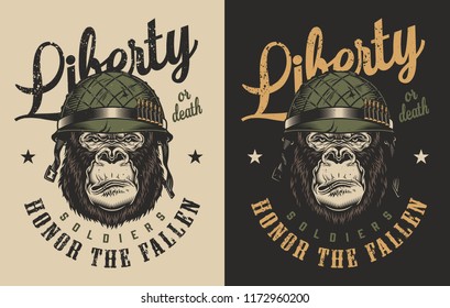 T-shirt print with gorilla soldier concept. Vector illustration