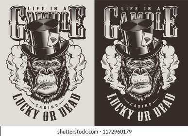 T-shirt print with gorilla in top hat, casino concept. Vector illustration