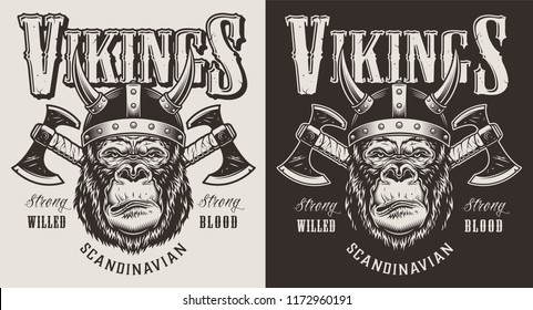 T-shirt print with gorilla viking concept. Vector illustration