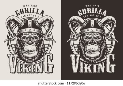 T-shirt print with gorilla viking concept. Vector illustration