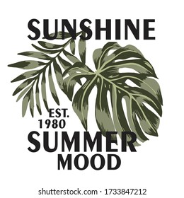 t-shirt print  with green palm leaf and monstera with text summer vacay mood. Design t shirt print Placement or logotype. Graphic illustration.