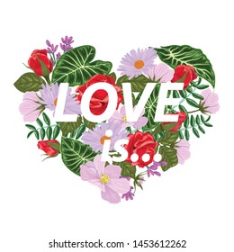 T-shirt print with a heart of flowers and slogan Love is. Vector illustration.