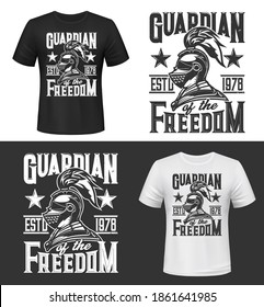 Tshirt print with knight head vector mascot. Apparel mockup with roman or greek gladiator, soldier or warrior in helmet with plumage and cape, typography guardian of freedom, t-shirt mock up template