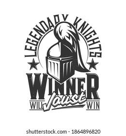 Tshirt print with knight head vector mascot. Apparel mockup with roman or greek gladiator, soldier or warrior in helmet with plumage front view, typography legendary winner joust t shirt template