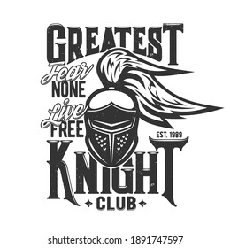 Tshirt print with knight head vector mascot. Apparel mockup with roman or greek gladiator, soldier or warrior in helmet with plumage front view, typography greatest knight, t shirt mock up template