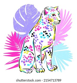 T-shirt Print with leopards and palm leaves. Fashion Vector illustration 
