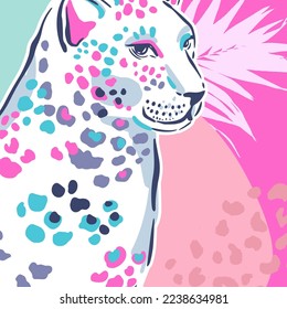 T-shirt Print with leopards, palm leaves and word. Fashion Vector illustration for woman