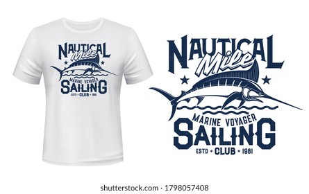 T-shirt print with marlin fish, vector mascot for sailing or fishing club. Sea creature on blue waves and Marine Voyager typography on white apparel mockup. Ocean adventure sport team t-shirt template