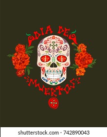 T-shirt print with mexican sugar skull,  dia de muertos hand drawing lettering and marigold for day of death on black background
