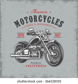 T-shirt print with motorcycle on dark background and grunge texture