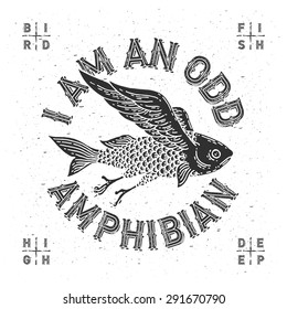 T-shirt print with mythological flying fish and slogan "I am an odd amphibian"