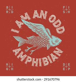 T-shirt print with mythological flying fish and slogan "I am an odd amphibian"