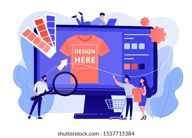 T-shirt Print On Demand Services. Promotional Apparel Design. Merch Clothing, Custom Merchandise Products, Merch Design Service Concept. Pink Coral Blue Vector Isolated Illustration