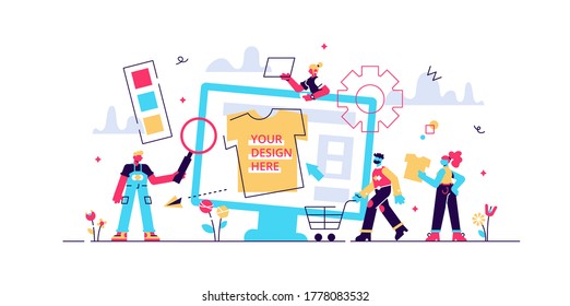 T-shirt print on demand services. Promotional apparel design. Merch clothing, custom merchandise products, merch design service concept. Bright vibrant violet vector isolated illustration