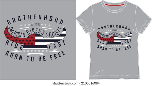 Tshirt print with pirate profile in cocked hat and sea waves. Vector mascot apparel design with typography brotherhood of fortune.