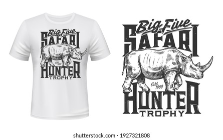 Tshirt print with Rhino vector sketch. Rhinoceros mascot for hunter club white apparel mockup with wild african animal, hunting sport or african safari travel tour. Engraving monochrome t shirt design