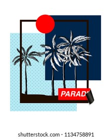 T-shirt print with silhouettes of palm trees on sunset background. Vector illustration.