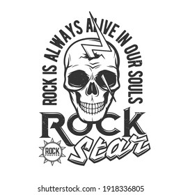 Tshirt print with skull pierced with bolt of lightning, mascot apparel vector design. T shirt print for hard rock club with typography, emblem for music concert and heavy metal band festival label