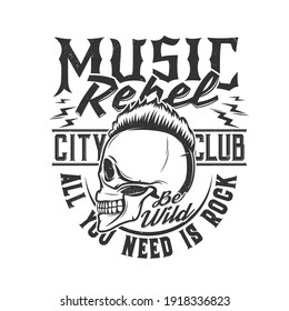 Tshirt print skull with punk hairstyle mascot for apparel vector design. T shirt print for hard rock city club with typography rebel music. Emblem for rock concert and heavy metal band festival label