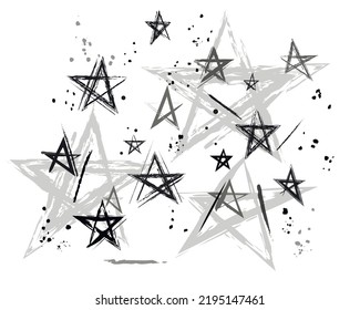 T-shirt print of a star in different sizes, brush strokes and pencil strokes. Sketch monochrome on white background