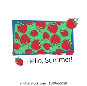T-shirt print. Strawberry pattern. Hello summer. Vector sketch. Hand drawn fresh berry. Doodle red and green illustration. Textile fashion design