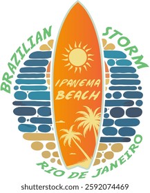 T-shirt print style illustration of a surfboard in summer colors, with a print of Ipanema Beach in Rio de Janeiro, Brazilian storm.