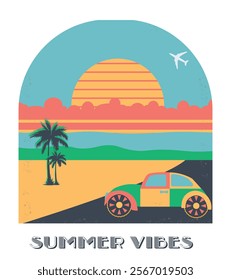 T-shirt print, summer, summer mood, beach and palm tree, car on the beach, sunset, car at sunset