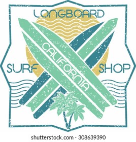 T-shirt print. Surfboards emblem. Vector illustration